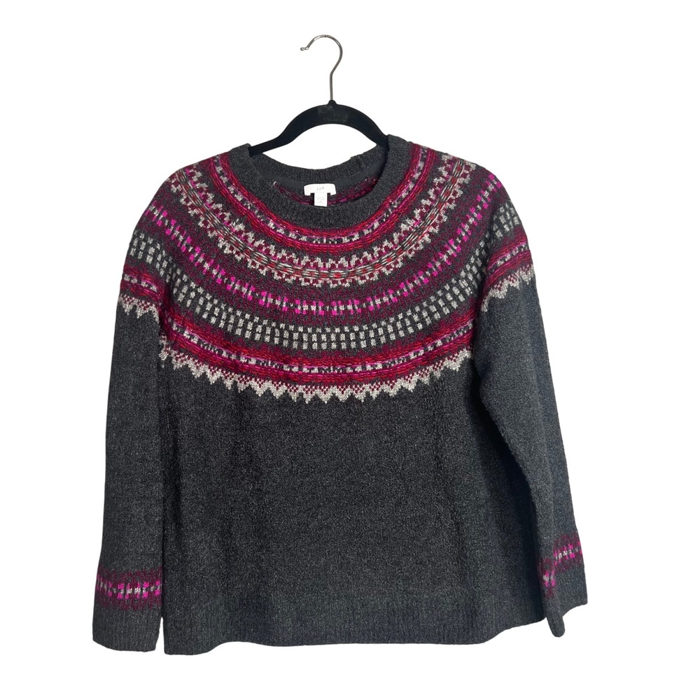 J. Jill Sweater Sz MP Gray Fair Isle Bouclé Knit Pullover Cozy Cabin Ski Texture